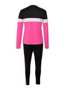 Back detail view of the women colorblock tracksuit with long sleeves and black pink design.