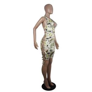 Sexy halter neck lace-up dollar print romper for women, stylish side cutout clubwear jumpsuit.