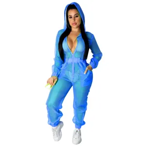 Sexy transparente Mesh Kapuzen Jumpsuit für Damen langarm Clubwear blau Mode Outfit