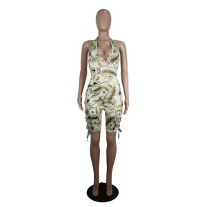 Sexy halter lace-up dollar print cutout romper for women, stylish summer clubwear outfit.