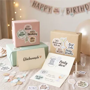 Assorted German and English birthday stickers shown on pastel gift boxes and greeting cards