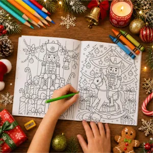 Close-up of a child coloring a Nutcracker illustration in a Christmas coloring book.