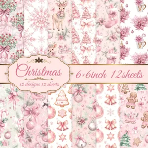 Detailansicht von 12 rosa Aquarell-Weihnachts-Scrapbooking-Papierdesigns 15x15 cm