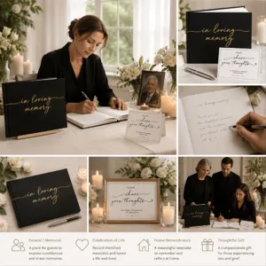 Elegante libro degli ospiti per funerali nero con scritte in oro per memorie e omaggi.