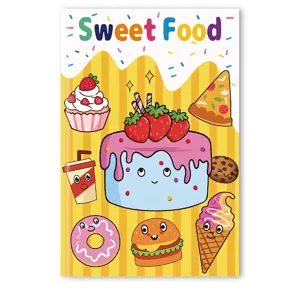 Detailed view of the Sweet Food themed cartoon coloring book cover for children.