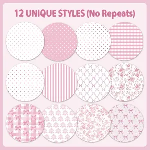 Detail view of 12 unique pink and white patterned paper swatches for scrapbooking