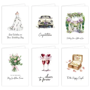 Vista detallada de seis tarjetas de boda en acuarela con diseños y frases elegantes