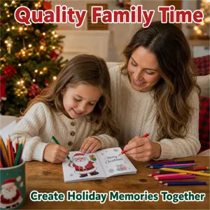 Mother and daughter coloring a Christmas book with Santa and Merry Christmas designs