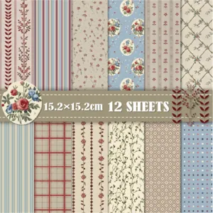 Set of 12 vintage floral scrapbook papers in 15.2x15.2cm size with varied patterns