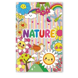Front cover detail of a children's nature themed coloring book with cute flowers and sun