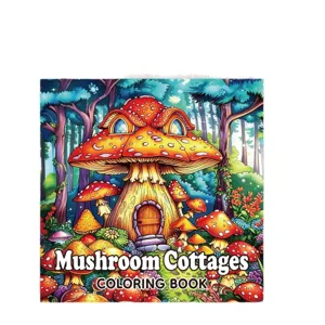 Whimsical Mushroom Cottages coloring book for adults with forest illustrations.