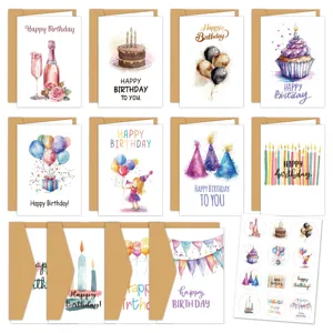 Watercolor Happy Birthday Cards Set With Kraft Envelopes And Stickers Cartoon Cake Balloon Hand-Drawn Blank Greeting Cards For Celebration Party Invitations