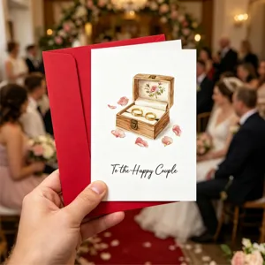 Primer plano de una mano sosteniendo una tarjeta de boda con sobre rojo y diseño.