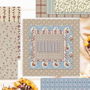 Close-up of vintage floral and patterned scrapbook papers for DIY journal decoration