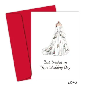 Tarjeta de felicitación de boda con sobre rojo e ilustración de vestido de novia