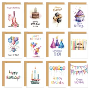 12-piece watercolor birthday card set with various festive illustrations and envelopes
