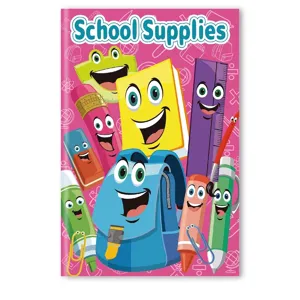 Cute cartoon school supplies illustration for 12-page children's coloring book cover