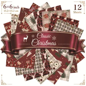 12 sheets of 6x6 classic Christmas scrapbooking paper with reindeer and floral patterns