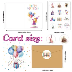 Size specifications for watercolor birthday card set, stickers and envelope included.