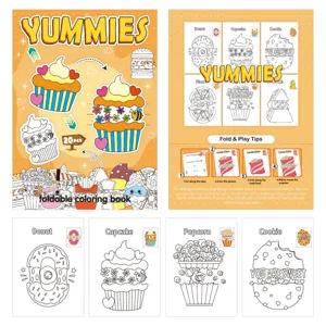Detail showing foldable yummies themed coloring book with instructions