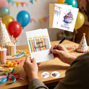 Close-up of a person writing a heartfelt message on a watercolor birthday card with candles