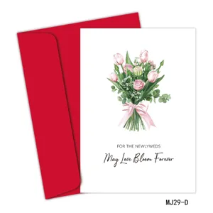 Elegante tarjeta de felicitación ramo tulipanes acuarela con sobre rojo para recién casados