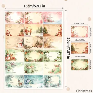 Detalle del producto con dimensiones de las etiquetas de regalo de Navidad ilustradas