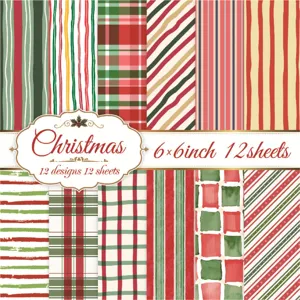Aquarell-Weihnachts-Scrapbook-Papier mit 12 festlichen Streifen- und Karomustern.