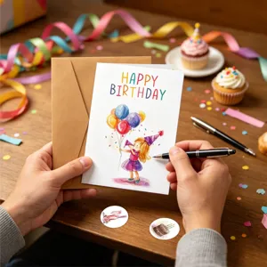 Hands holding a watercolor birthday card with balloons and a brown kraft envelope