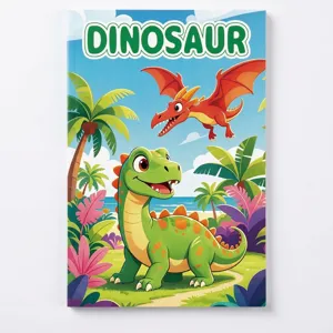 Detailed view of the kids coloring book cover featuring vibrant dinosaur illustrations