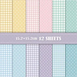 Set of 12 sheets pastel gingham and polka dot scrapbook background paper 15.2x15.2cm