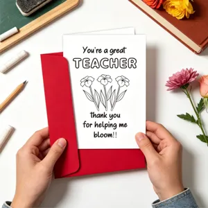 Wenskaart voor de leraar met DIY-bloemendesign en rode envelop vastgehouden in de handen