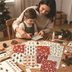 Mother and child using Christmas themed decorative scrapbooking paper for DIY crafts