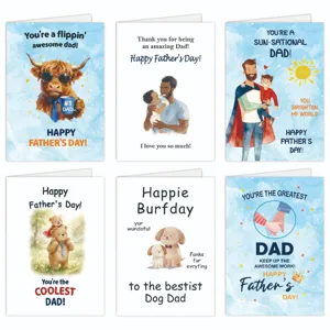 Set di simpatici biglietti per la festa del papà con animali e illustrazioni di famiglia.