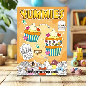 Foldable coloring book for kids with YUMMIES dessert theme and 20 sheets of DIY fun.