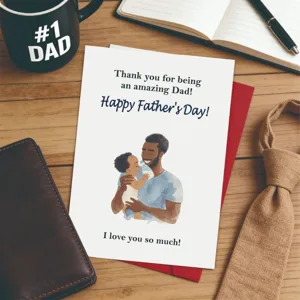 Primo piano di un biglietto per la festa del papà con illustrazione di papà e bimbo