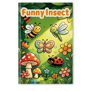Detailed front cover of a kids cartoon coloring book featuring cute funny insect artwork