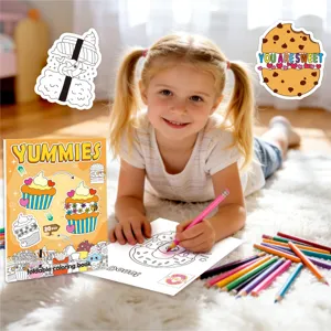 Detail showing a little girl coloring in a Yummies themed foldable DIY educational book