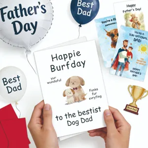 Mani che tengono un biglietto di auguri per la festa del papà con un simpatico cane