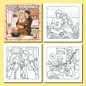 Detailed line art pages and colored cover from the Love Romance cute couple coloring book
