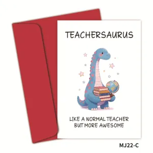 Grappige Teachersaurus wenskaart voor leraren met een blauwe dinosaurus en rode envelop