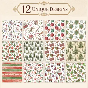 Detailed showcase of 12 unique Christmas watercolor scrapbooking paper patterns and designs