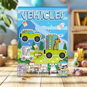 20-sheet foldable kids coloring book featuring vehicles and cartoon giraffes