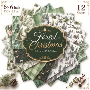 Detail of 12-sheet forest Christmas themed DIY scrapbooking paper set, 6x6 inches.
