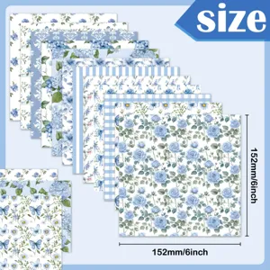 Detailed view of 13 blue floral and pattern scrapbooking paper sheets, 6x6 inches.