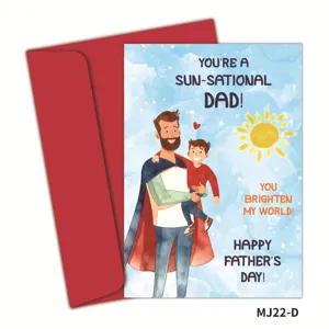 Set biglietti Festa del Papà acquerello con illustrazione papà eroe e busta rossa.