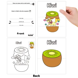 Interactive DIY coloring and folding craft card featuring a surprise kiwi cat design