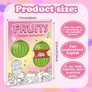Detailed view of foldable fruit coloring book dimensions with English learning features
