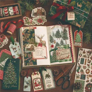 Vintage Christmas scrapbook layout featuring watercolor deer stickers and festive holiday tags