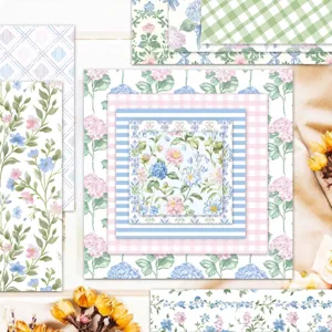 Close-up of decorative floral and patterned scrapbooking background paper sheets